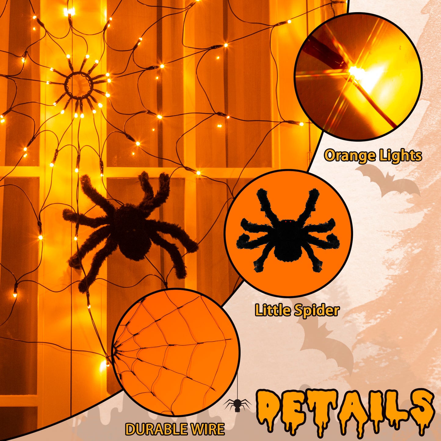 EAMBRITE Halloween Spider Web Lights with 70LED Orange Lights