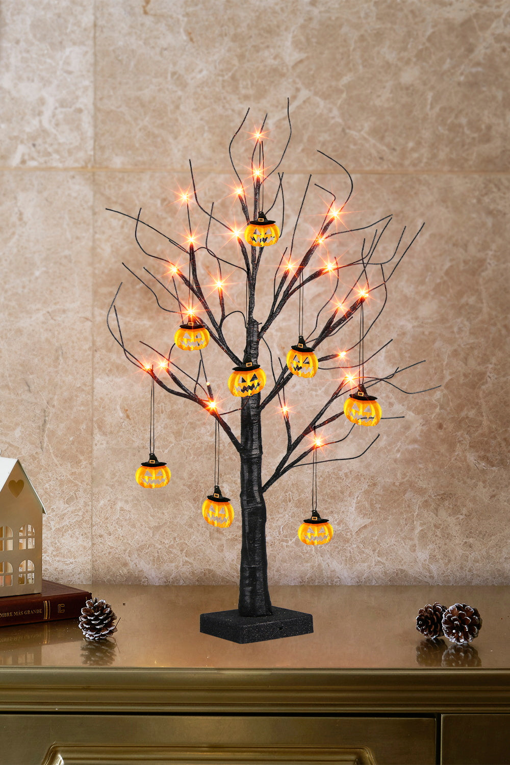 EAMBRITE Halloween Tree, 2FT Black Spooky Tree with 24 LED Orange Lights 8 Pumpkin