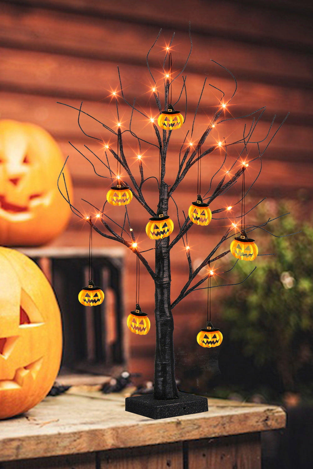EAMBRITE Halloween Tree, 2FT Black Spooky Tree with 24 LED Orange Lights 8 Pumpkin
