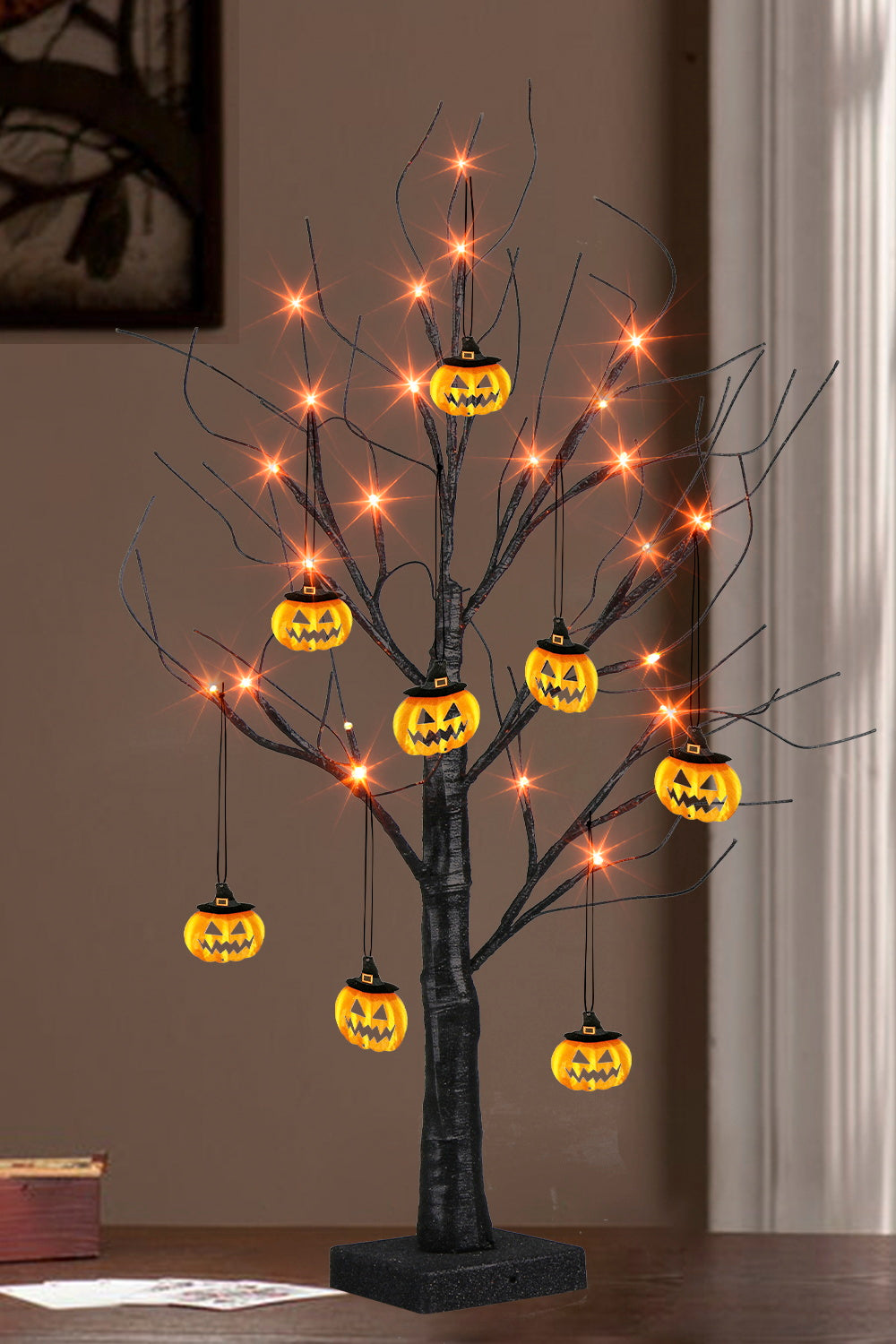 EAMBRITE Halloween Tree, 2FT Black Spooky Tree with 24 LED Orange Lights 8 Pumpkin