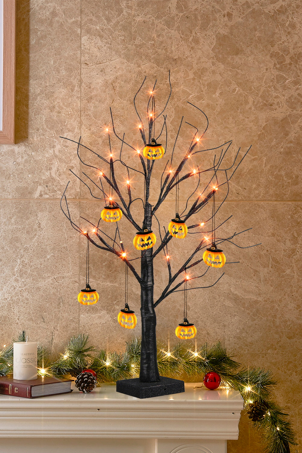 EAMBRITE Halloween Tree, 2FT Black Spooky Tree with 24 LED Orange Lights 8 Pumpkin