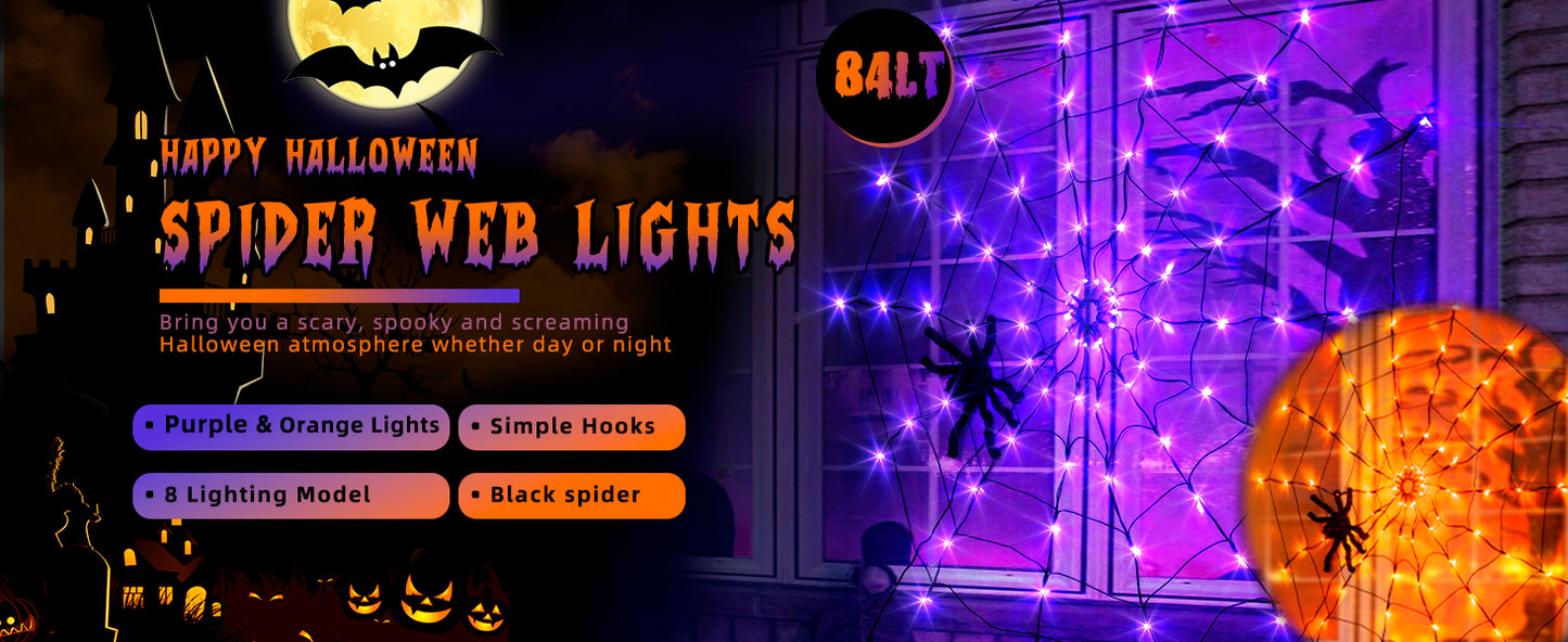 EAMBRITE Halloween Spider Web Lights with 84LED Orange/Purple Lights