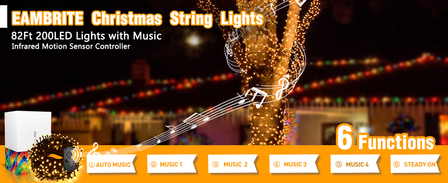 EAMBRITE Christmas Lights Outdoor 82 Ft 200 LT Christmas Lights with Cheerful Music