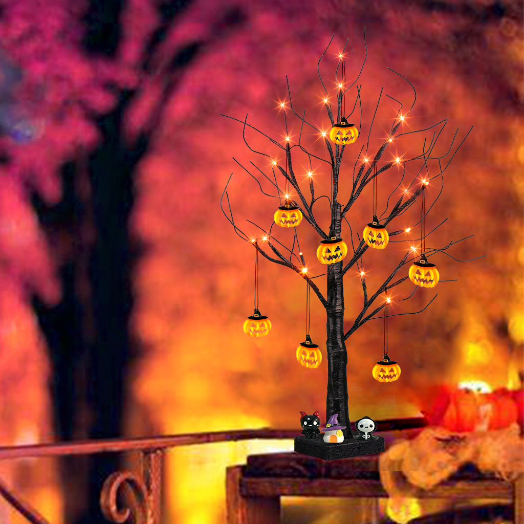 EAMBRITE Halloween Tree, 2FT Black Spooky Tree with 24 LED Orange Lights 8 Pumpkin