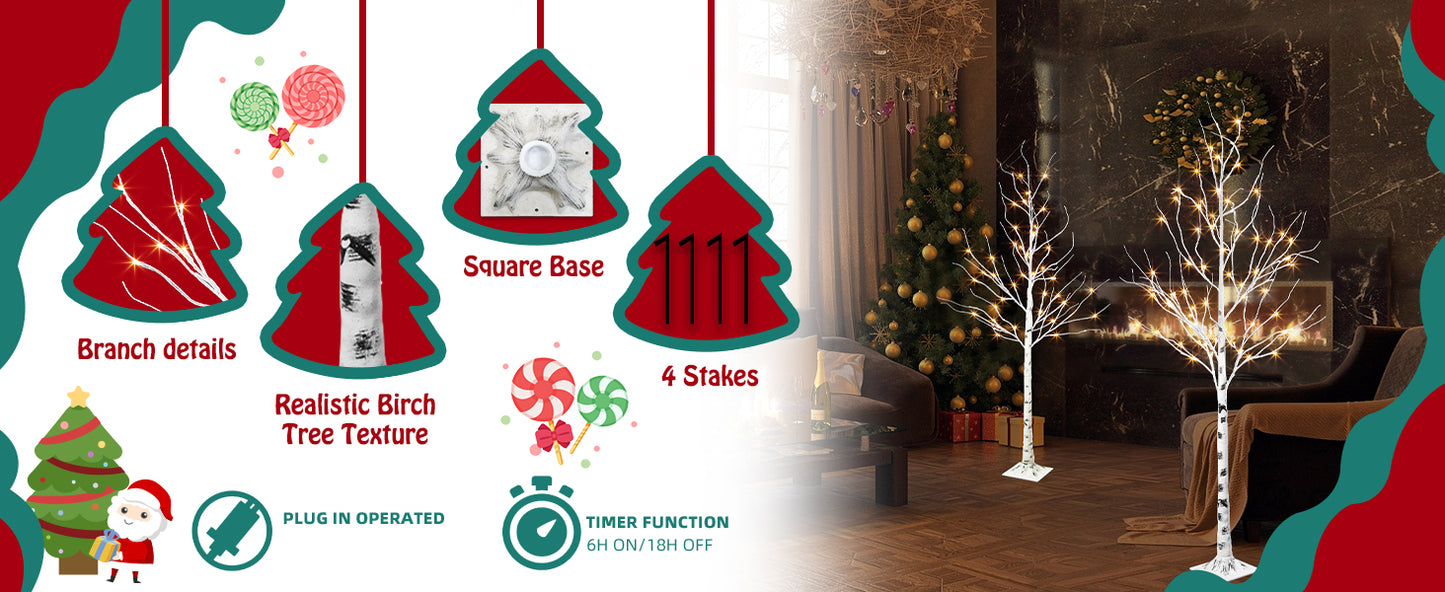 EAMBRITE 5FT 6FT White Birch Tree Set Christmas Tree Decorations