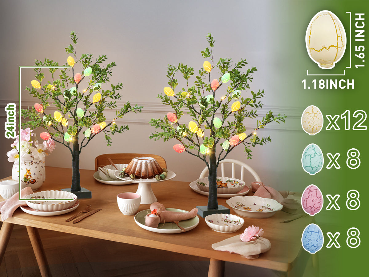 EAMBRITE Easter Decorations Easter Tree with Eggs, 2Ft Tabletop Tree with 24 LED Lights