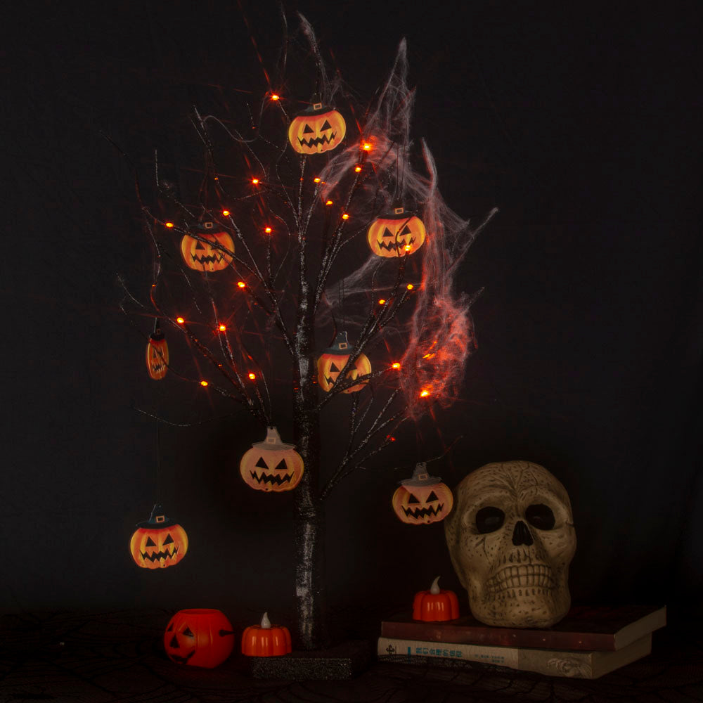 EAMBRITE Halloween Tree, 2FT Black Spooky Tree with 24 LED Orange Lights 8 Pumpkin