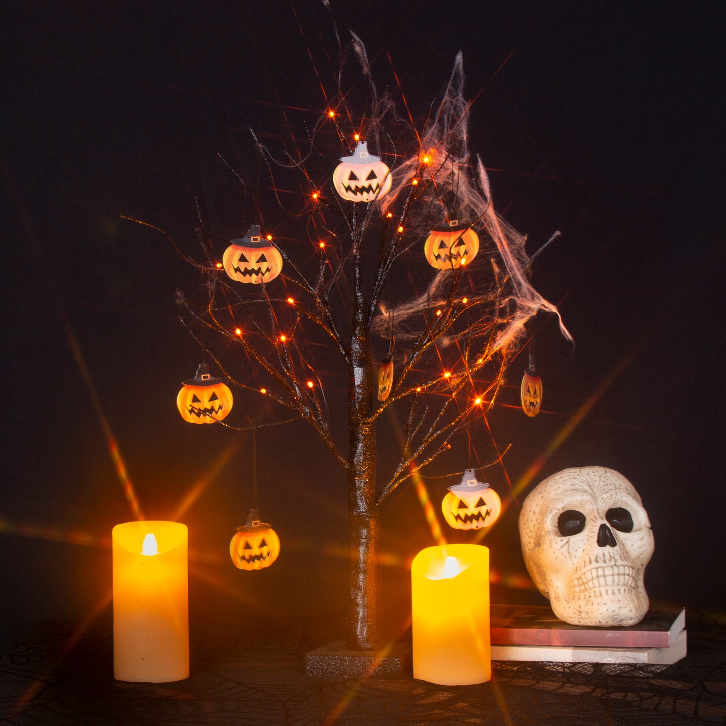 EAMBRITE Halloween Tree, 2FT Black Spooky Tree with 24 LED Orange Lights 8 Pumpkin