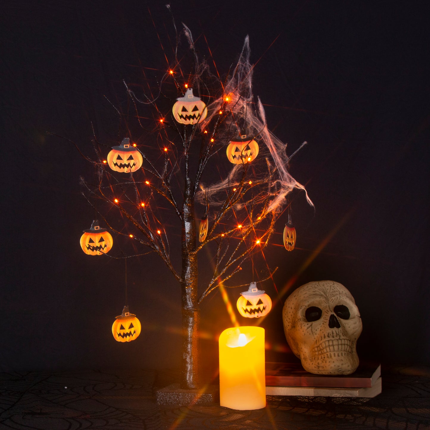 EAMBRITE Halloween Tree, 2FT Black Spooky Tree with 24 LED Orange Lights 8 Pumpkin