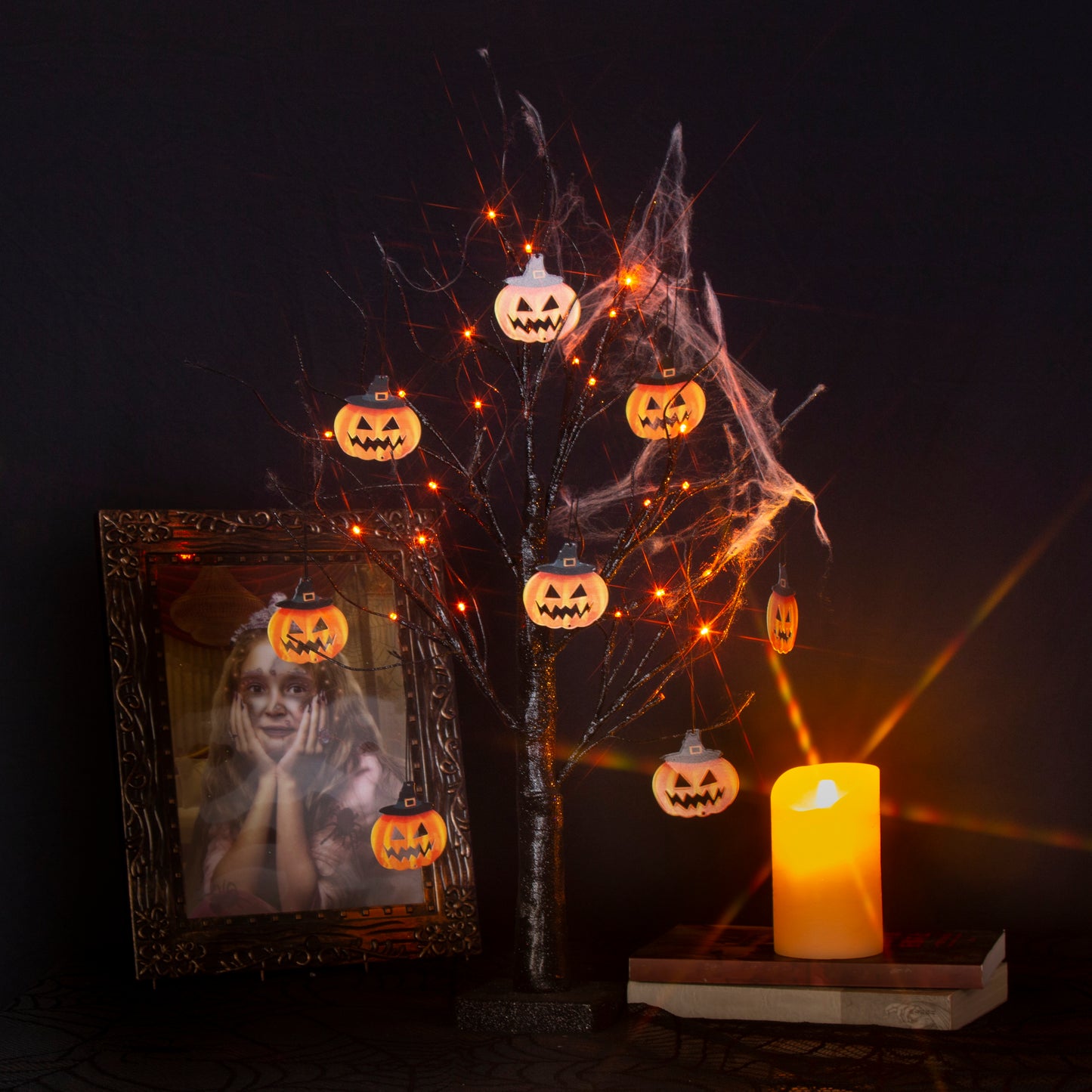 EAMBRITE Halloween Tree, 2FT Black Spooky Tree with 24 LED Orange Lights 8 Pumpkin
