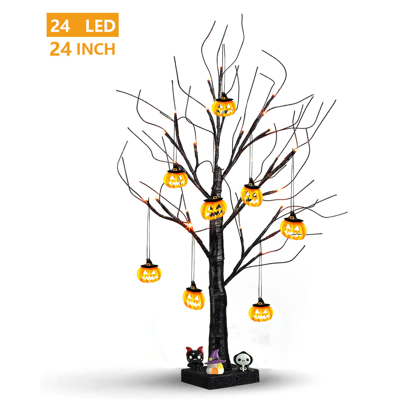 EAMBRITE Halloween Tree, 2FT Black Spooky Tree with 24 LED Orange Lights 8 Pumpkin
