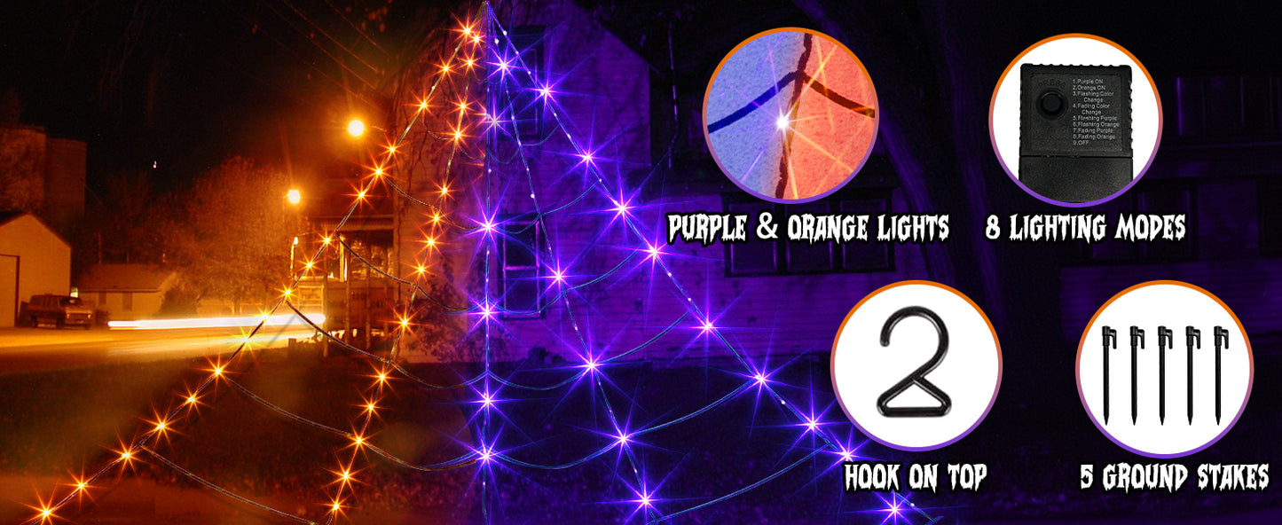 EAMBRITE Halloween Decorations Outdoor Giant Spider Web Lights with 135 LED Purple & Orange Lights
