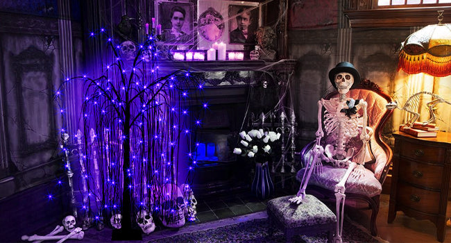 EAMBRITE Halloween Tree 4 FT 180 LED Black Willow Tree with Orange Purple Fairy Lights and Spider Web