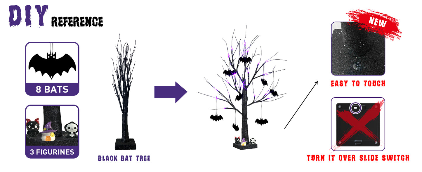 EAMBRITE Halloween Tree, 2FT Black Spooky Tree with 24 LED Purple Lights and 8 Bats
