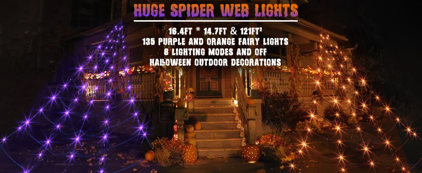 EAMBRITE Halloween Decorations Outdoor Giant Spider Web Lights with 135 LED Purple & Orange Lights