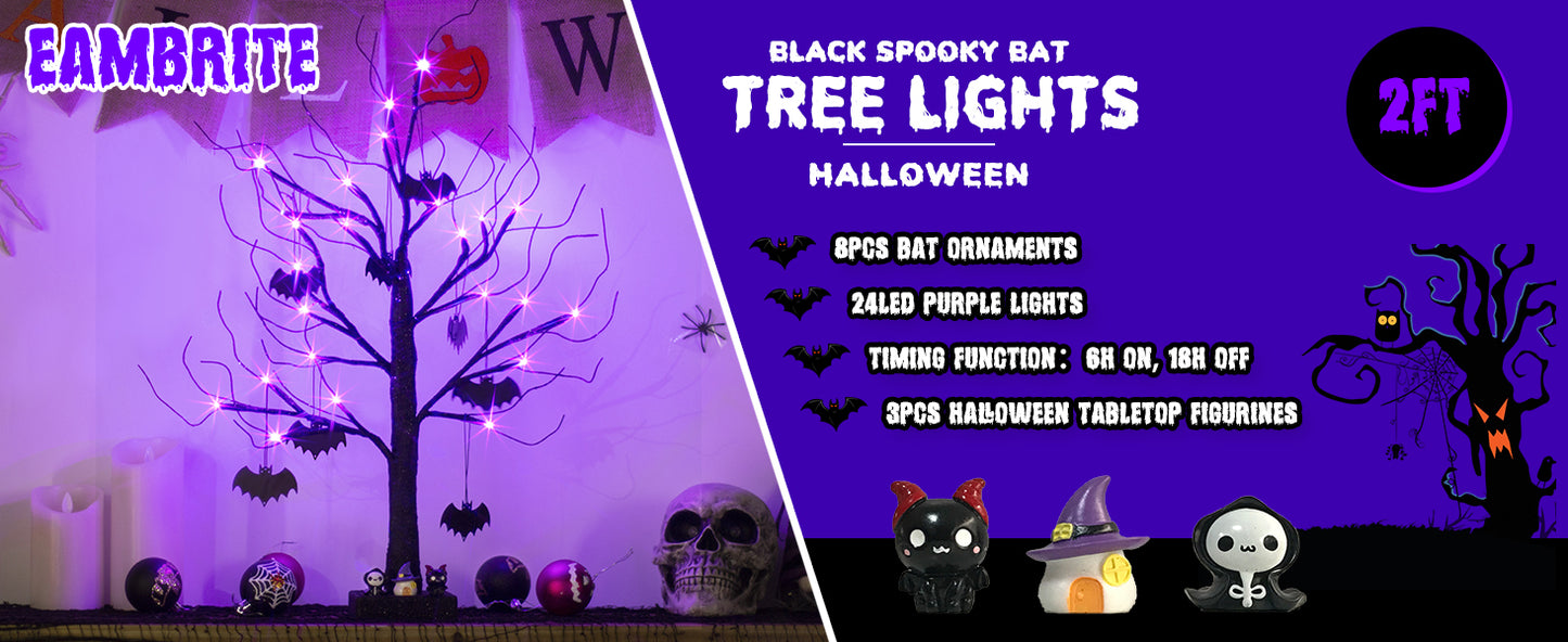 EAMBRITE Halloween Tree, 2FT Black Spooky Tree with 24 LED Purple Lights and 8 Bats